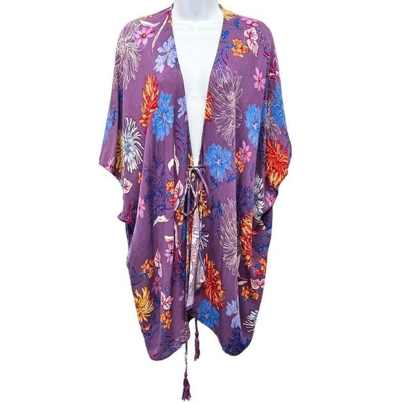 En Creme Floral Kimono Dolman Sleeve Tassel Tie Draped Blouse Top Shawl - Picture 1 of 9